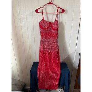 Aria Red Rhinestone Bustier Midi Dress JWD1316 Red Silver Studded Bodycon Large